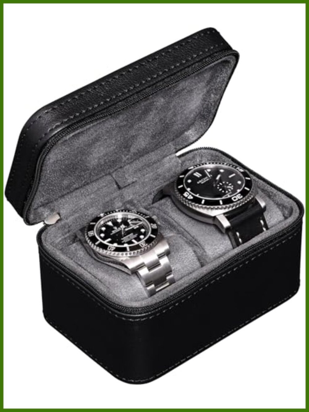 PU Leather 2-Watch Travel Case Microsuede Lined Fits Up to 55mm